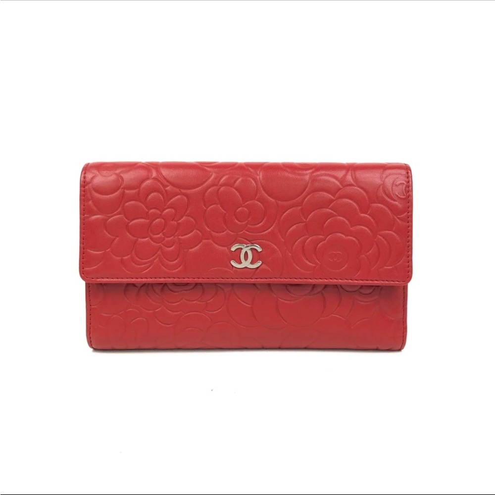 CHANEL Red Floral Pattern CC Flap Wallet Camellia Lambskin Long